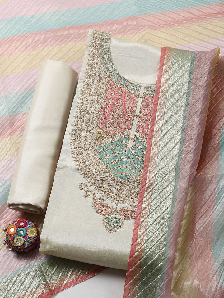 Embroidered Tissue Unstitched Suit With Pant &amp; Dupatta