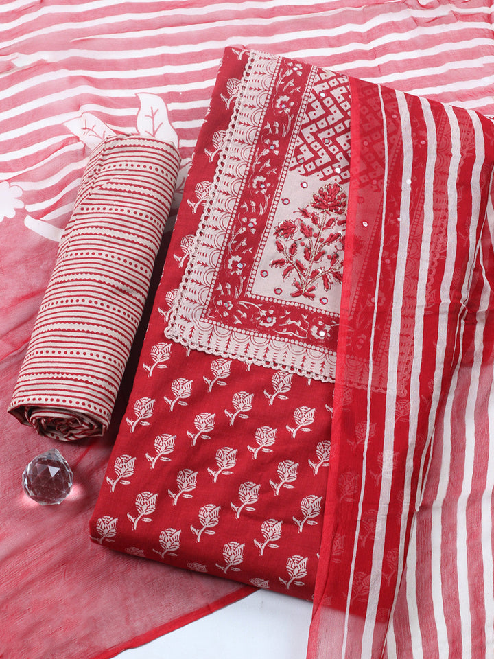 Embroidered Cotton Blend Unstitched Suit With Pant &amp; Dupatta