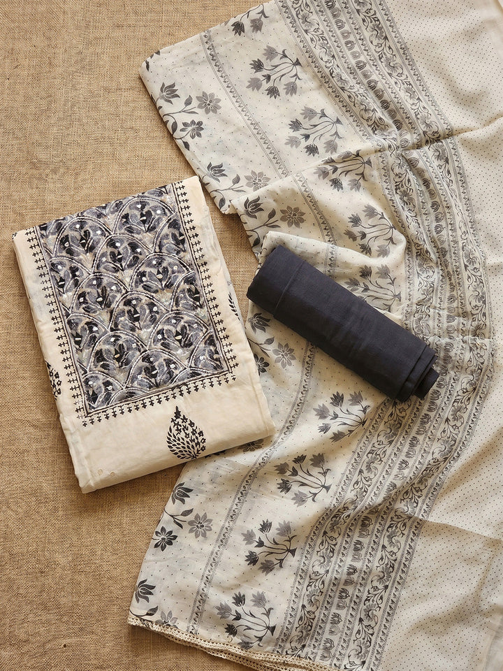 Printed Cotton Blend Unstitched Suit With Pant &amp; Dupatta