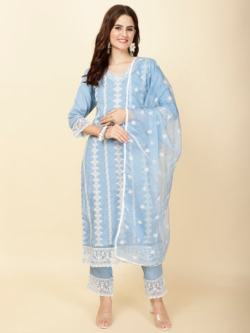 Resham Embroidery Cotton Suit Set With Dupatta