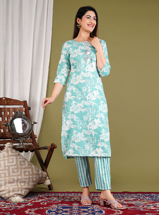 Printed Cotton Blend Kurta With Pants