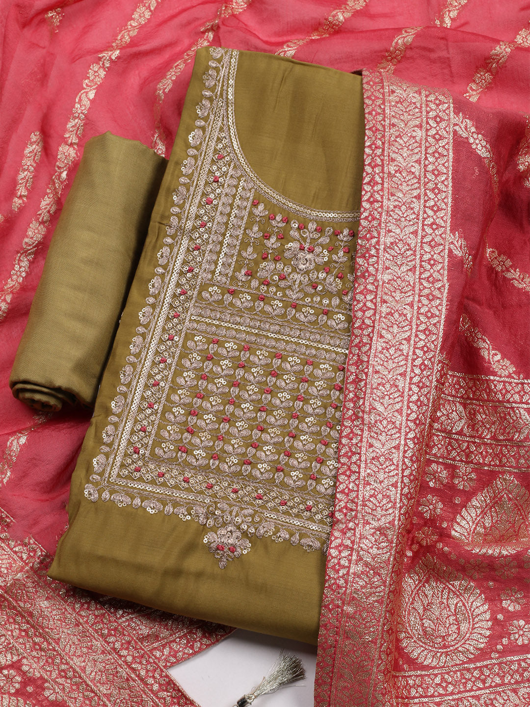 Embroidered Chanderi Unstitched Suit Piece With Dupatta