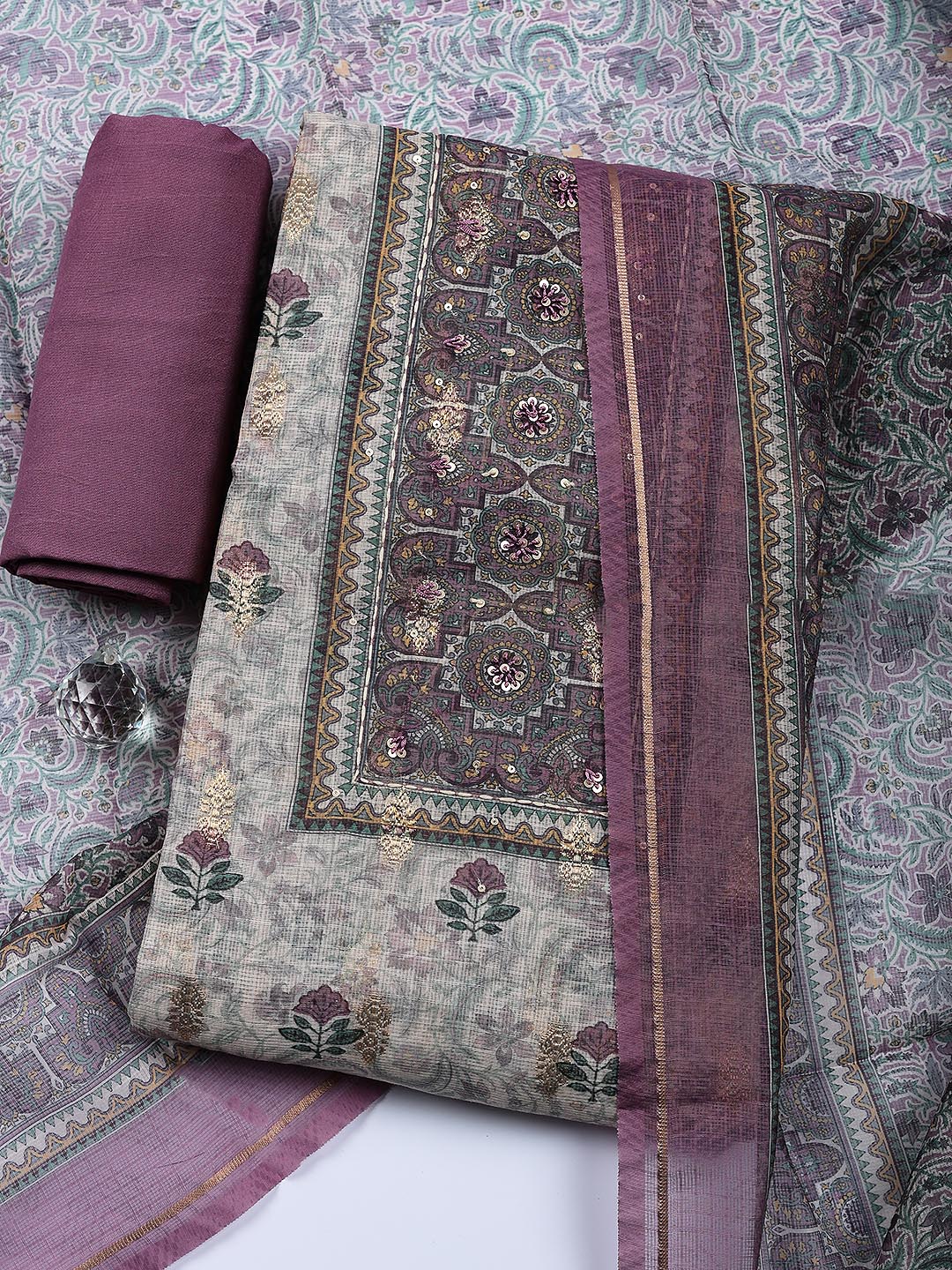 Embroidered Cotton Blend Unstitched Suit With Pant Dupatta