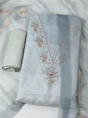 Embroidered Tissue Grey Unstitched Suit With Pant & Dupatta