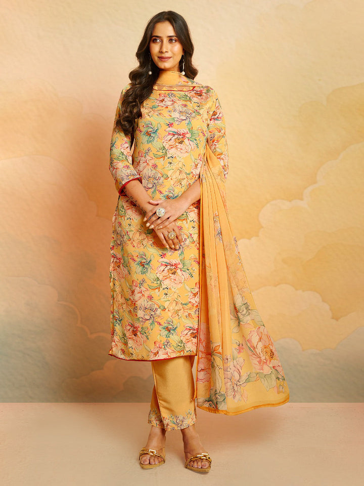 Printed Crepe Unstitched Suit With Pant &amp; Dupatta