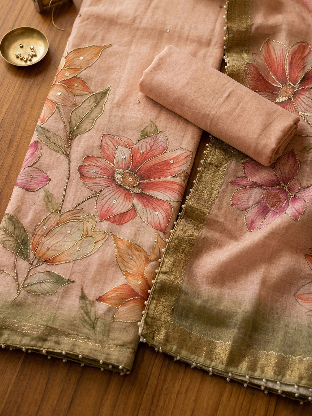 Embroidered Linen Blend Unstitched Suit With Pant &amp; Dupatta