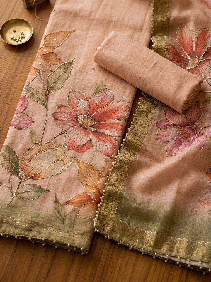 Embroidered Linen Blend Unstitched Suit With Pant &amp; Dupatta