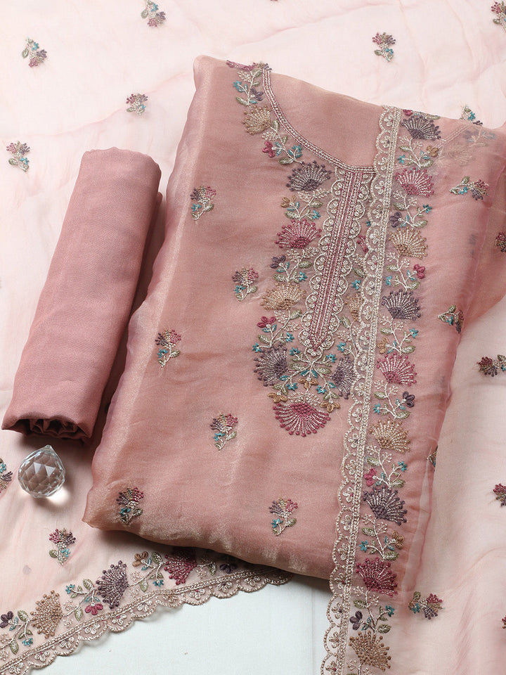 Embroidered Organza Unstitched Suit With Pant &amp; Dupatta