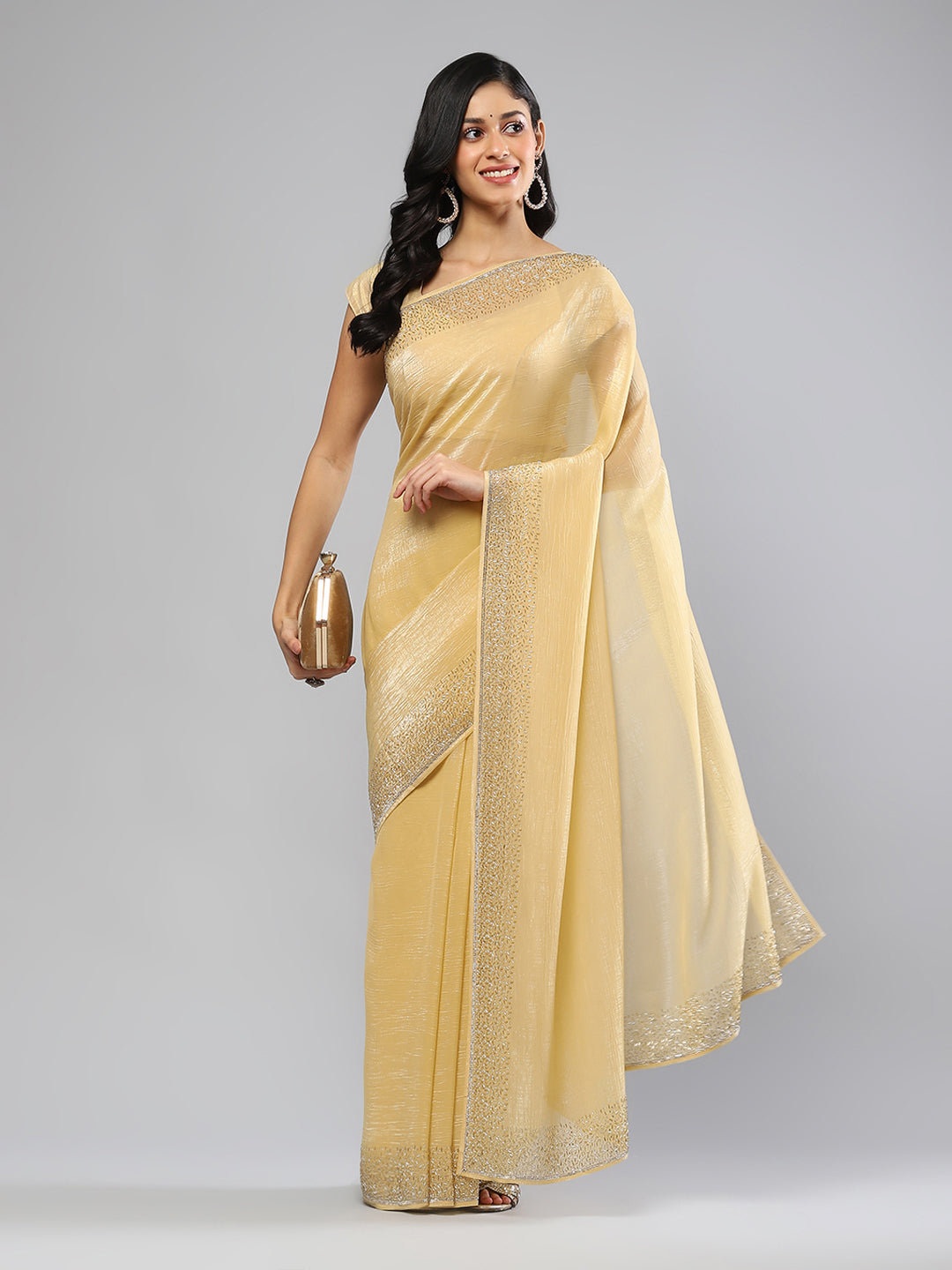 Swarovski Border Art-Chiffon Plain Saree