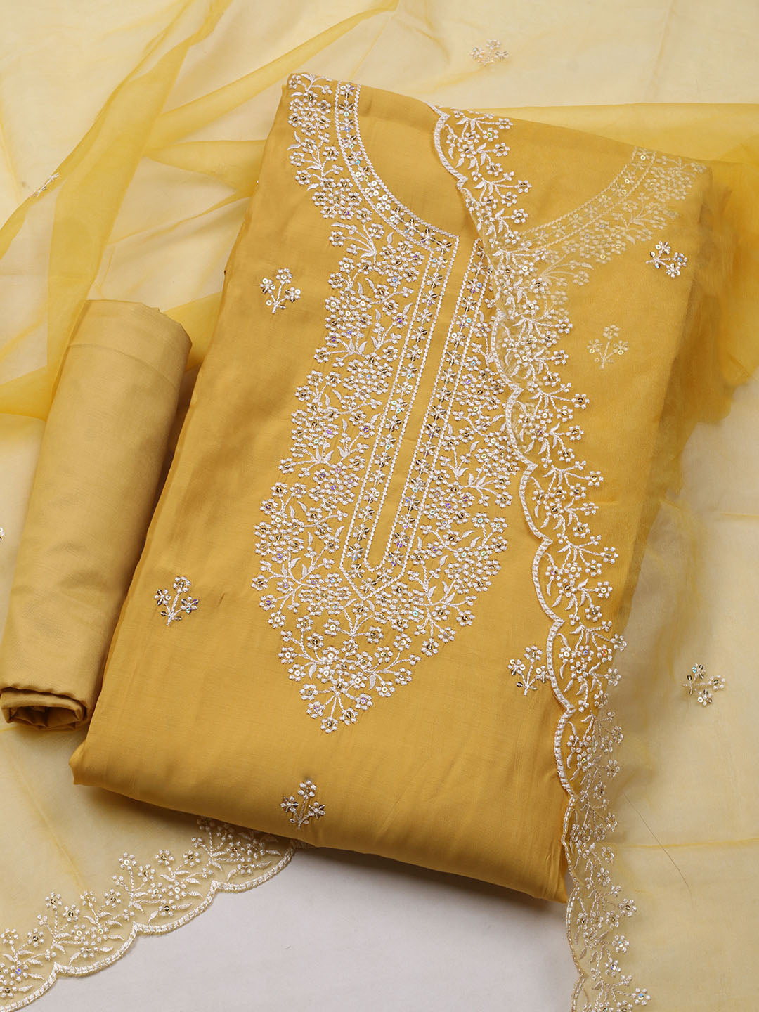 Embroidered Chanderi Unstitched Suit With Dupatta