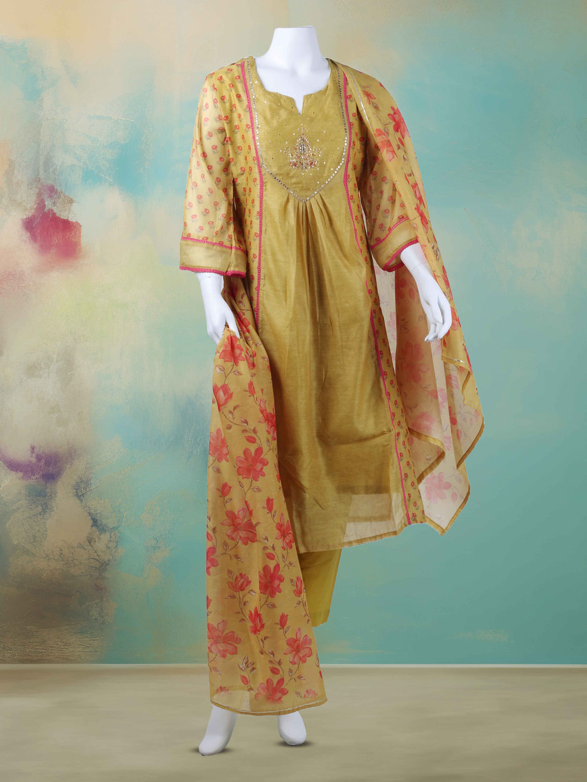 Gota Work Chanderi Unstitched Suit Piece With Dupatta
