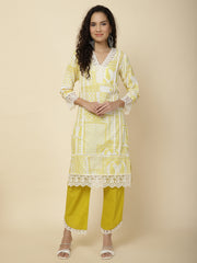 Printed & Panel Embroidery Cotton Kurta With Pants