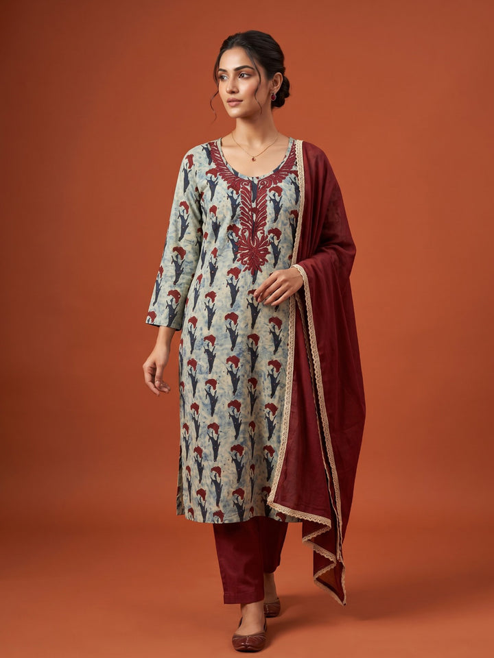Maroon Embroidered Cotton Blend Straight Round Neck Suit Set