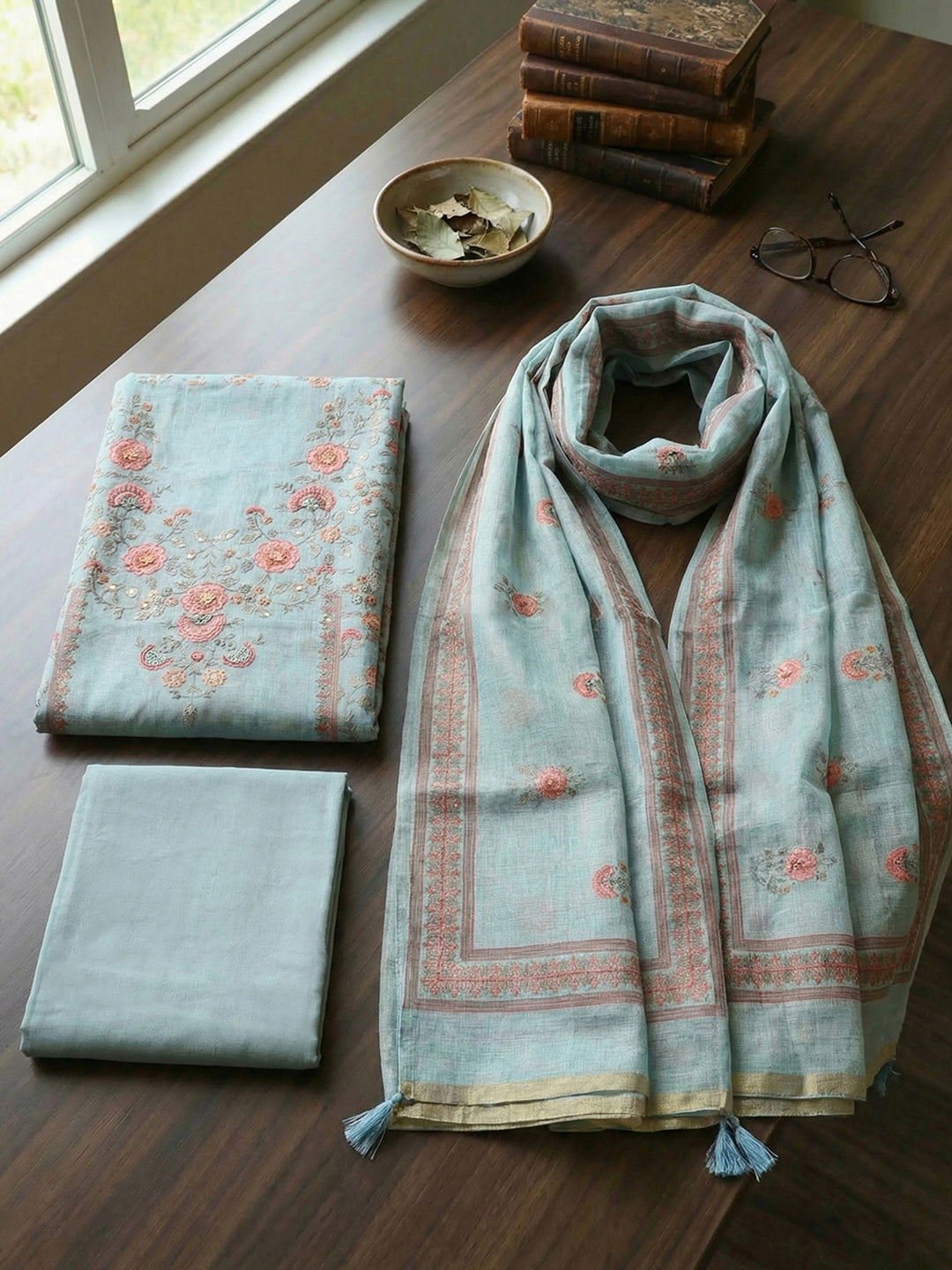 Printed Linen Blend Unstitched Suit With Pant &amp; Dupatta