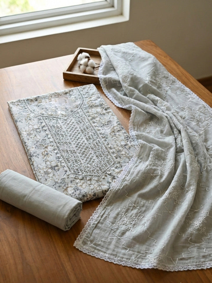 Printed Cotton Blend Unstitched Suit With Pant &amp; Dupatta