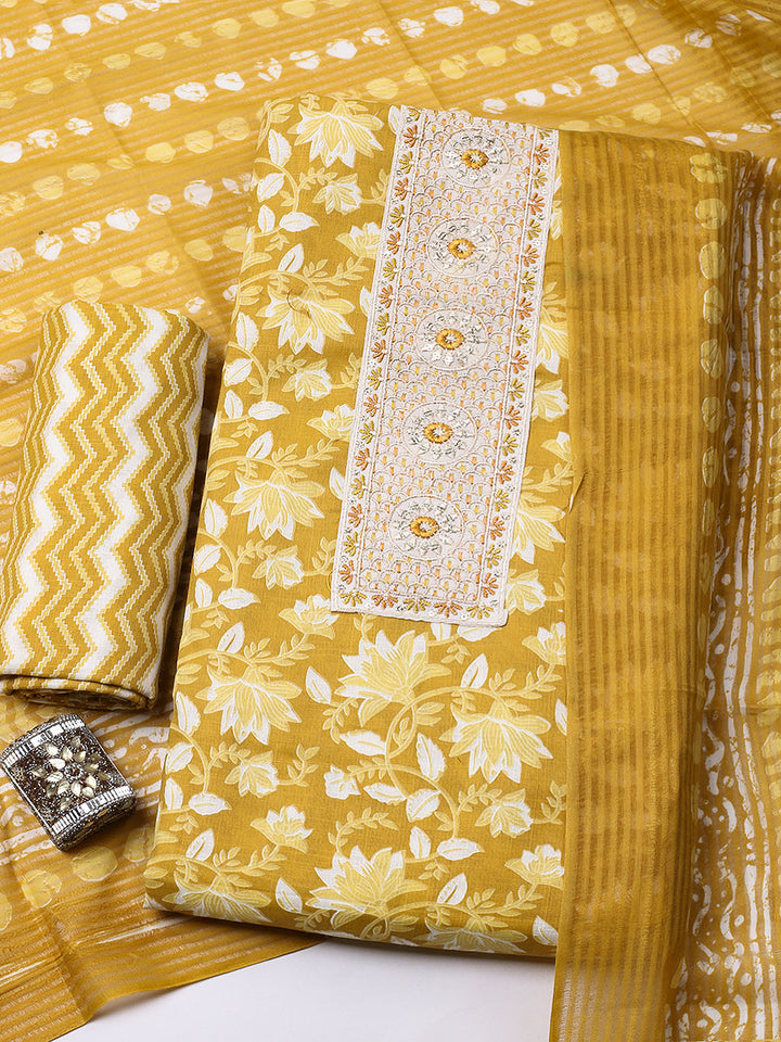 Printed Cotton Blend Unstitched Suit With Pant &amp; Dupatta