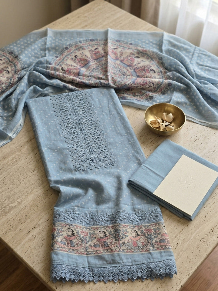 Printed Cotton Blend Unstitched Suit With Pant &amp; Dupatta