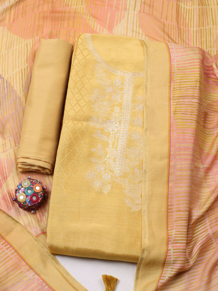 Embroidered Art Silk Unstitched Suit With Pant &amp; Dupatta