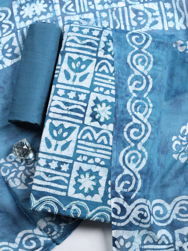 Printed Cotton Blend Unstitched Suit With Pant &amp; Dupatta
