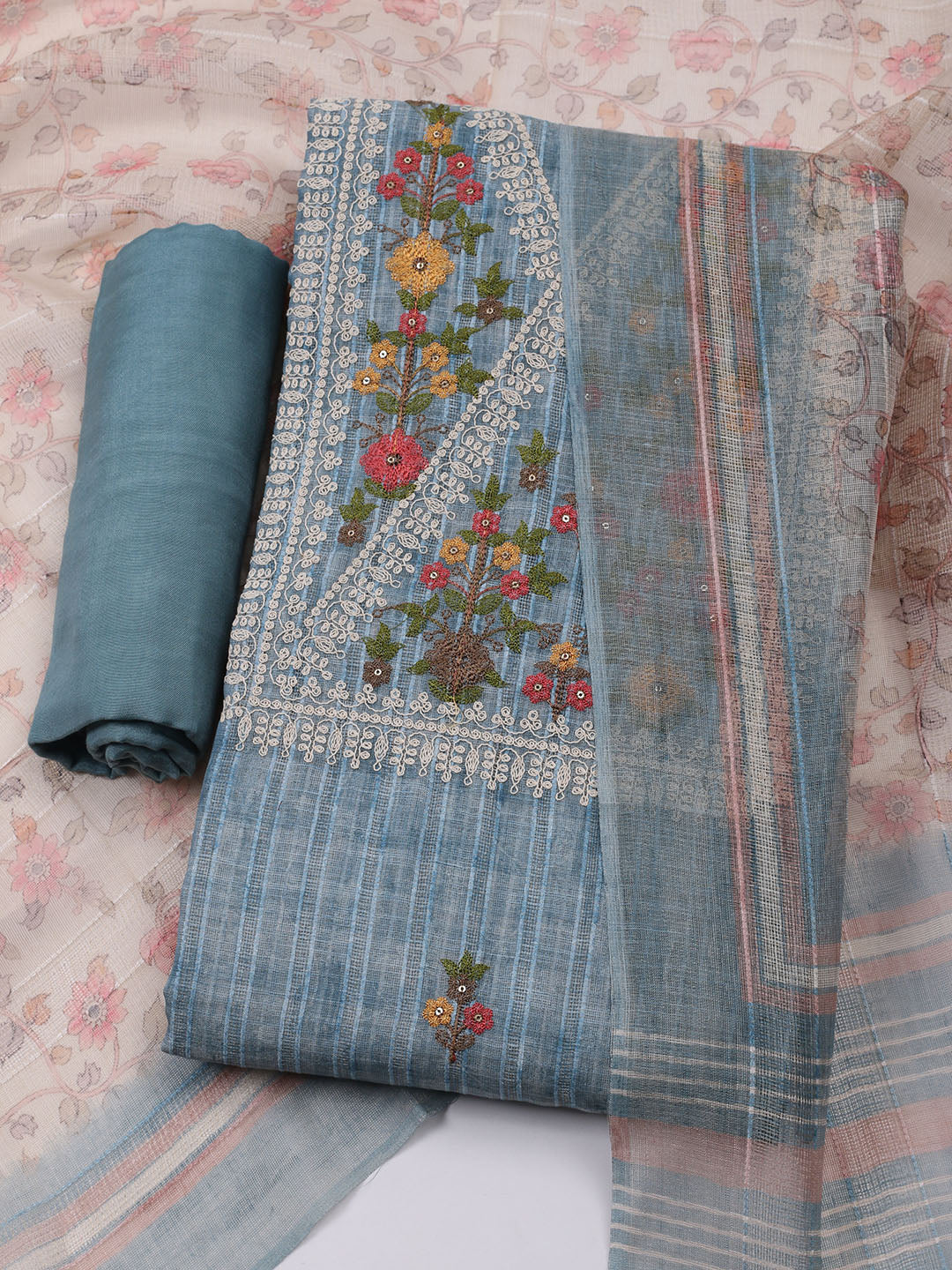 Embroidered Linen Unstitched Kurta With Pant & Dupatta