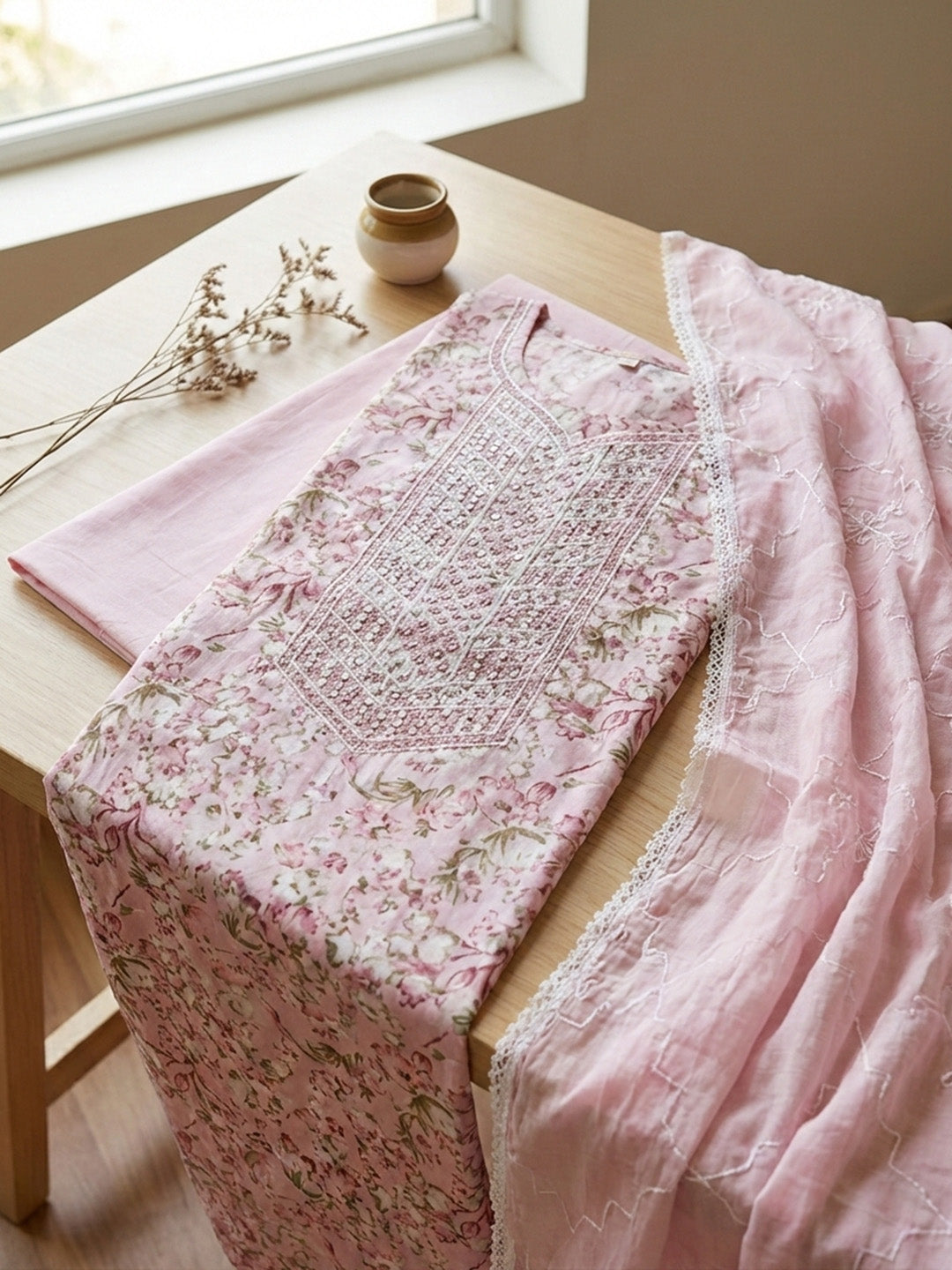 Printed Cotton Blend Unstitched Suit With Pant &amp; Dupatta