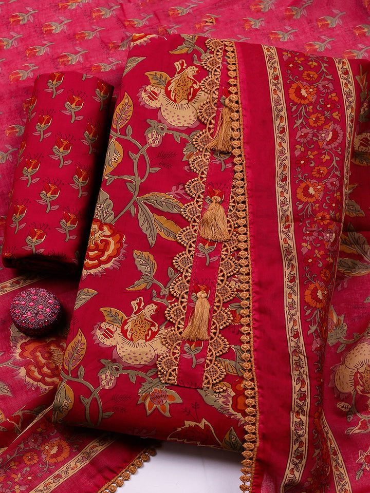 Embroidered Cotton Blend Unstitched Suit With Pant &amp; Dupatta