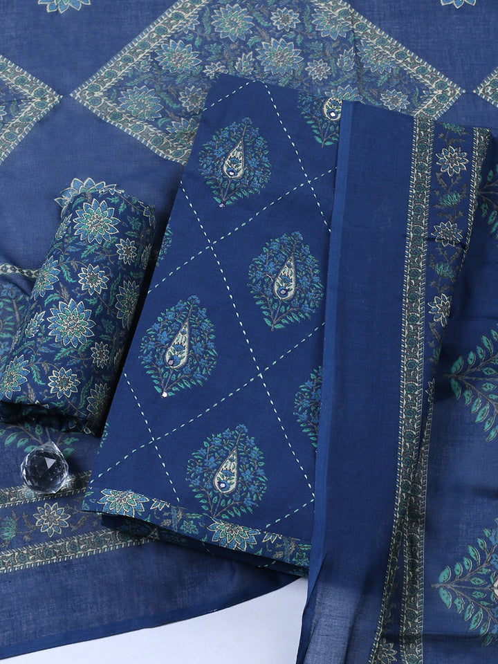 Embroidered Cotton Blend Unstitched Suit With Pant &amp; Dupatta