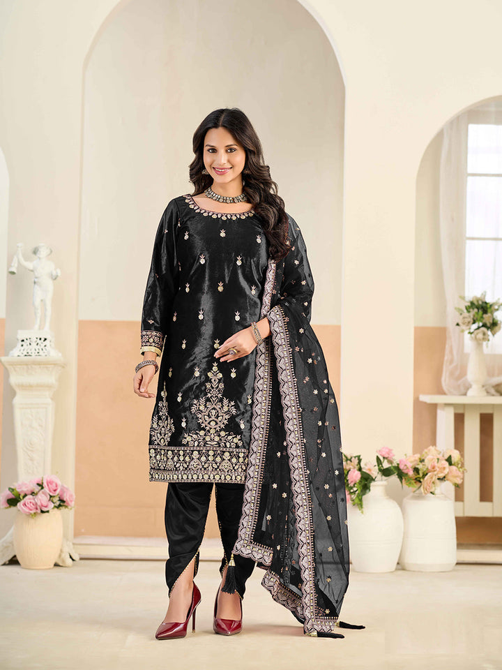 Embroidered Velvet Semi Stitched Kurta With Skirt &amp; Dupatta