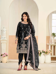 Embroidered Velvet Semi Stitched Kurta With Skirt & Dupatta