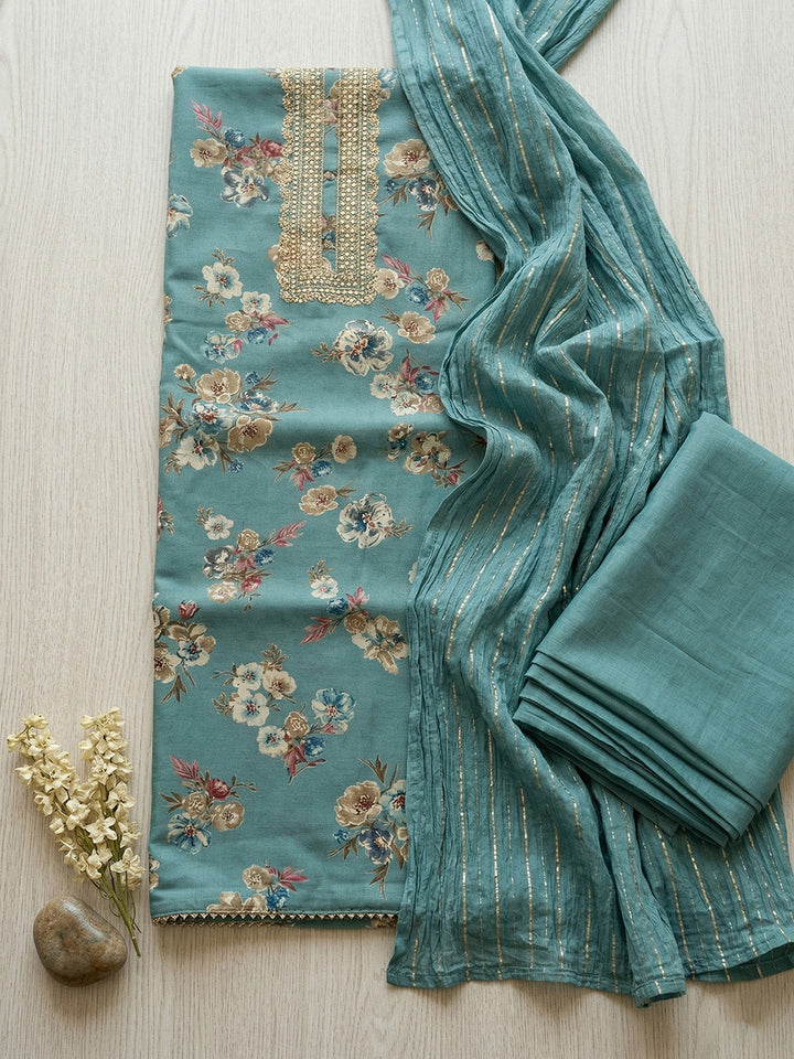 Embroidered Cotton Blend Unstitched Suit With Pant &amp; Dupatta