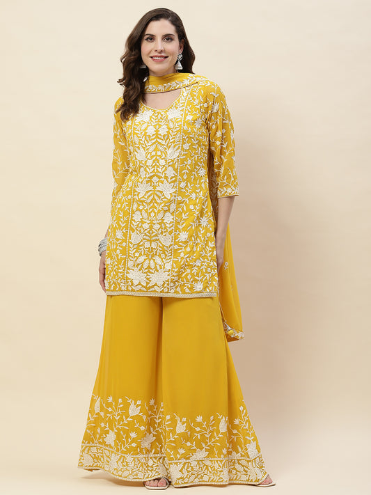 Resham Embroidery Georgette Kurta With Sharara & Dupatta