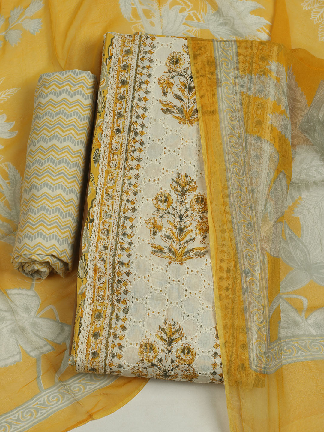 Printed Cotton Unstitched Suit With Pant &amp; Dupatta
