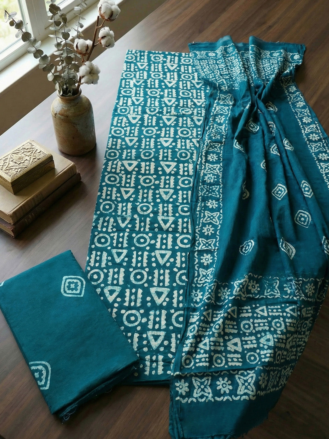 Printed Cotton Blend Unstitched Suit With Pant &amp; Dupatta