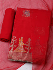 Woven Design Chanderi Red Unstitched Suit With Pant & Dupatta