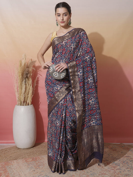 Patola Zari Border Printed Cotton Blend Woven Saree