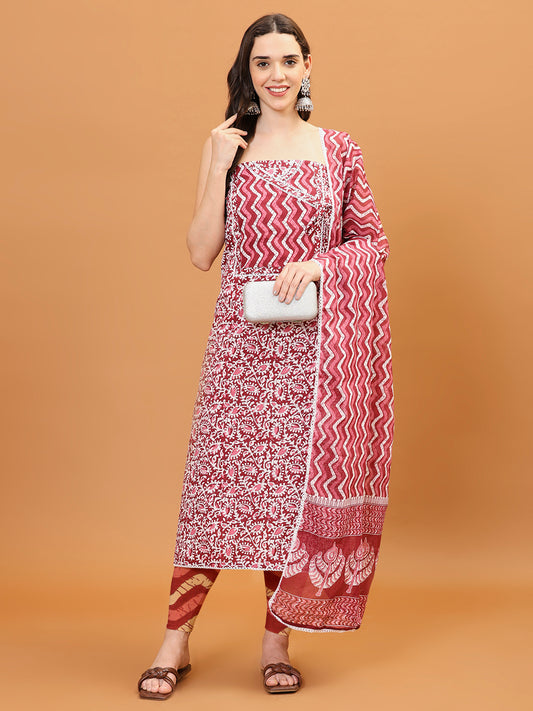 Printed Cotton Blend Unstitched Suit With Dupatta