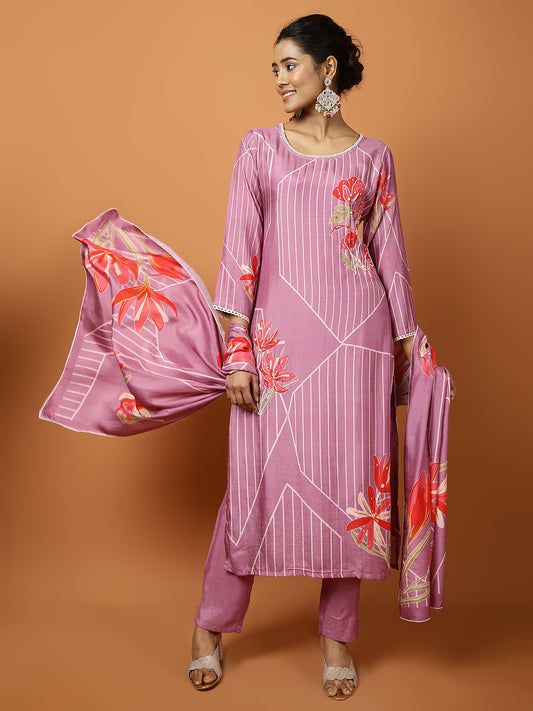 Printed Muslin Kurta With Pants & Dupatta