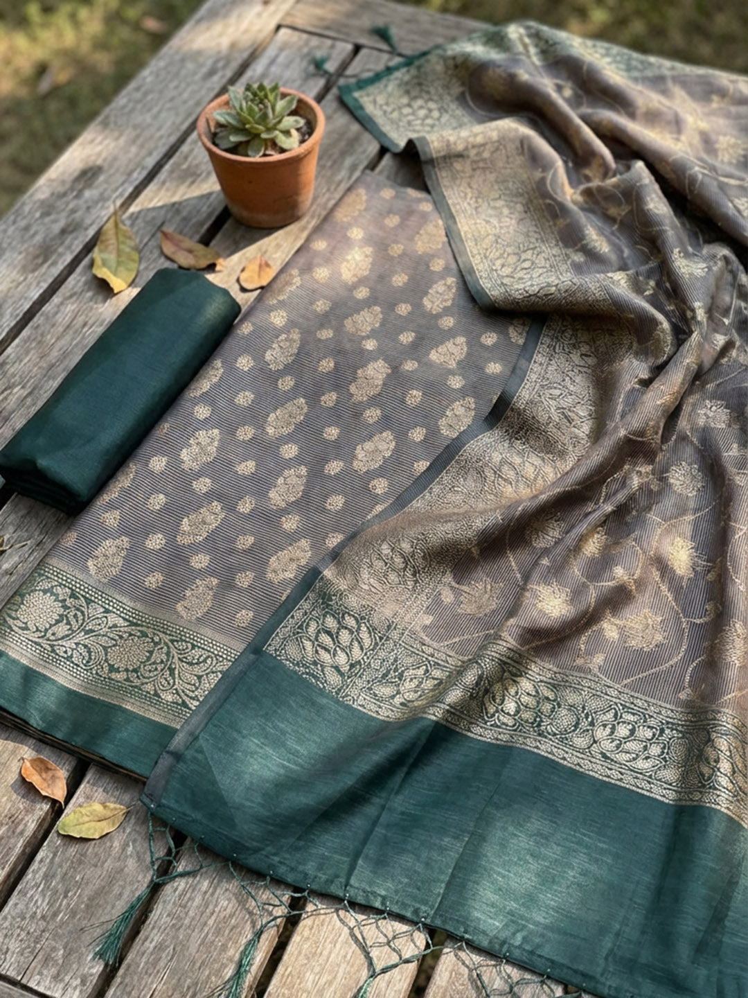 Banarasi Chanderi Unstitched Suit With Pant &amp; Dupatta