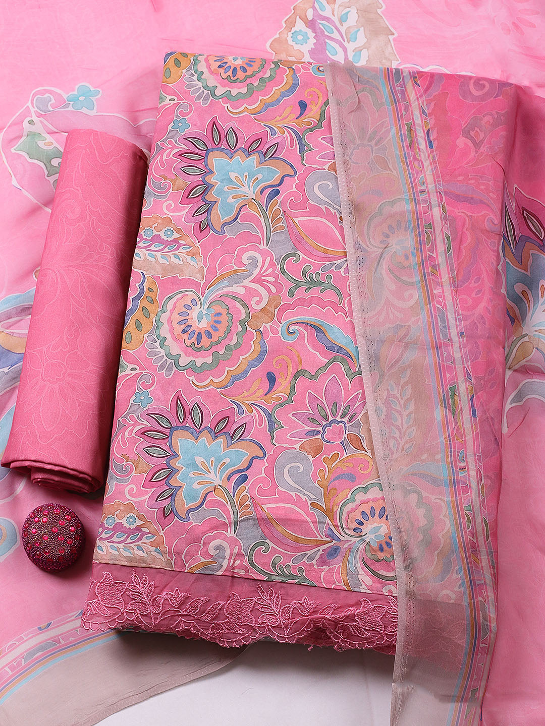Embroidered Cotton Blend Unstitched Suit With Pant &amp; Dupatta