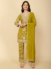 Floral Embroidery Georgette Kurti With Pants & Dupatta