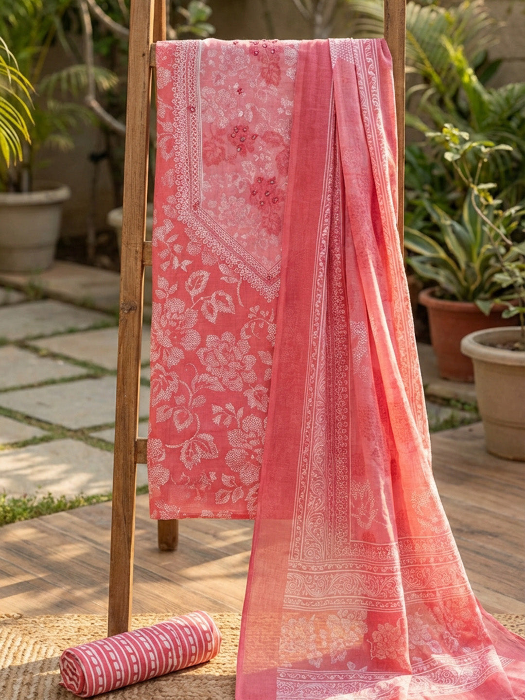 Printed Cotton Blend Unstitched Suit With Pant &amp; Dupatta
