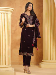 Neck Zari Embroidered Velvet Kurta With Pants & Dupatta