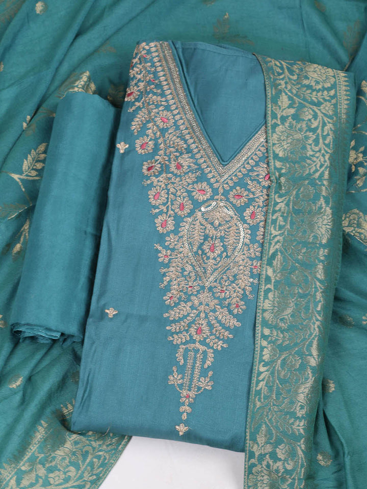 Embroidered Chanderi Unstitched Suit With Pant &amp; Dupatta