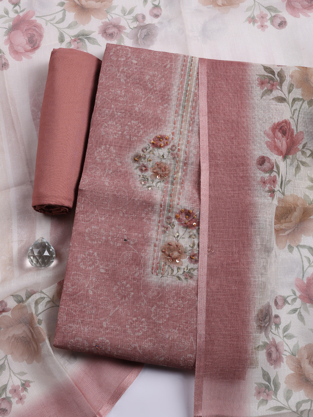 Printed Linen Blend Unstitched Suit With Pant &amp; Dupatta