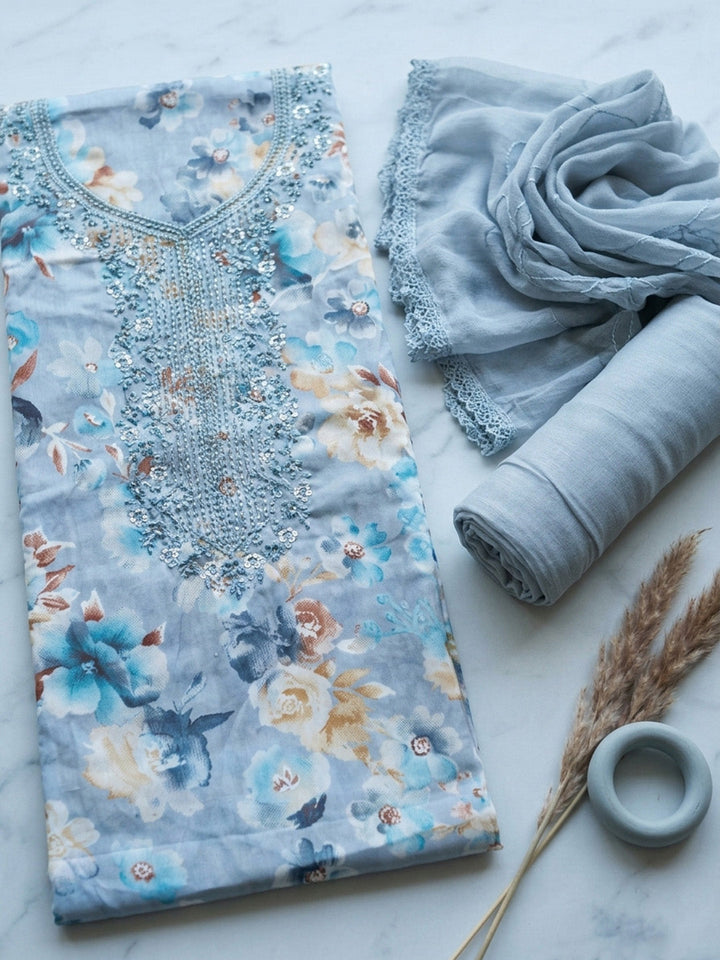Embroidered Cotton Blend Unstitched Suit With Pant &amp; Dupatta