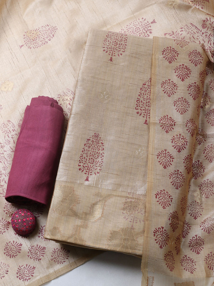 Printed Cotton Blend Unstitched Suit With Pant &amp; Dupatta