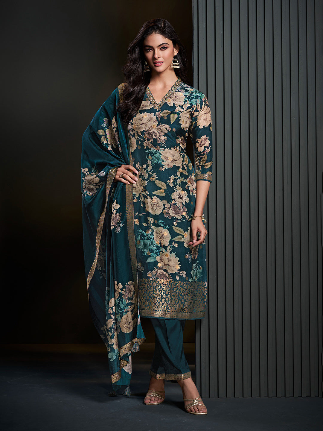 Blue Printed Art Silk Kurta With Pant &amp; Dupatta