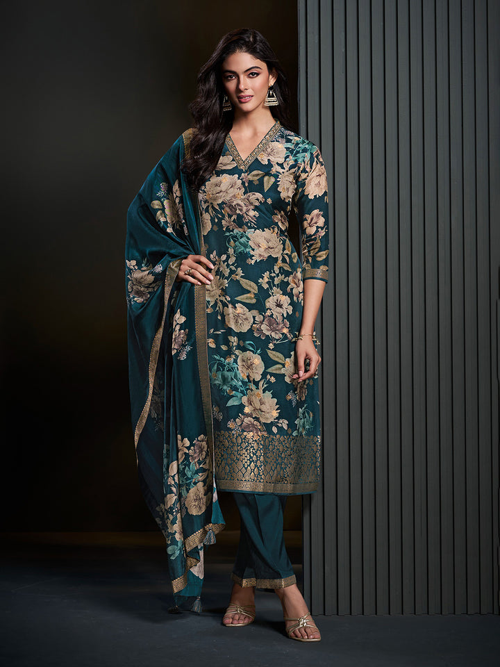 Blue Printed Art Silk Kurta With Pant &amp; Dupatta