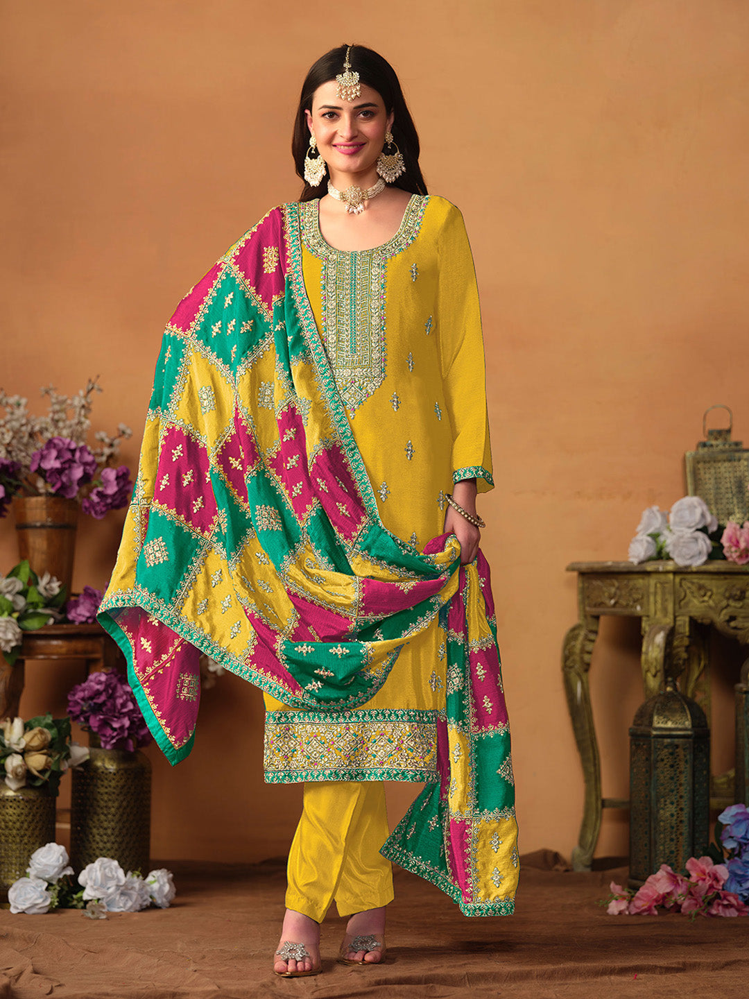Embroidered Chinnon Silk Semi Stitched Kurta With Pant &amp; Dupatta