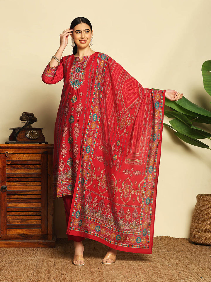 Printed Cotton Suit With Pant &amp; Dupatta
